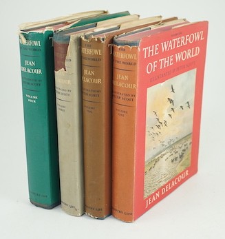 Delacour, Jean - The Waterfowl of the World. First Edition, 4 vols, 66 coloured please (by Peter Scott) & other illus.; gilt pictorial cloth & d/wrappers, 4to. 1954-64
